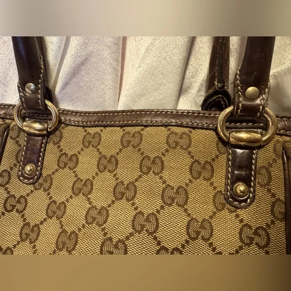 Gucci Tote GG Supreme Canvas Tote Vintage Small Monogram Brown Leather Trim COA - Picture 3 of 11